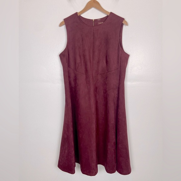 Calvin Klein Faux Suede Fit & Flare Midi Dress Size 16W Red Curvy Stretch - Picture 1 of 9